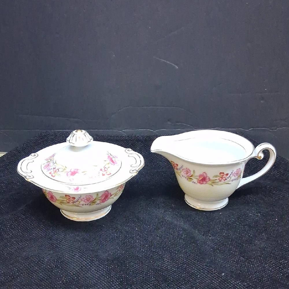 Vintage Creamer & Covered Sugar Set By Aladdin China, " Garland" Pattern